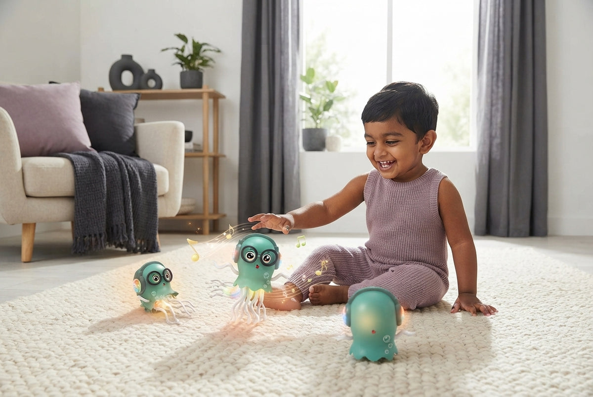 A South Asian child playing with an interactive light-up jellyfish toy in a modern, neutrally decorated living room.